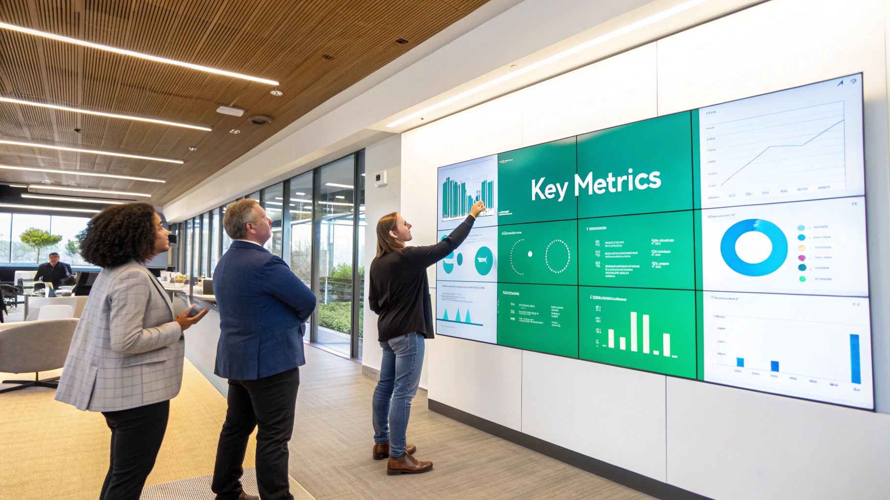 A person analyzing graphs and charts on a digital screen, representing brand health tracking data.