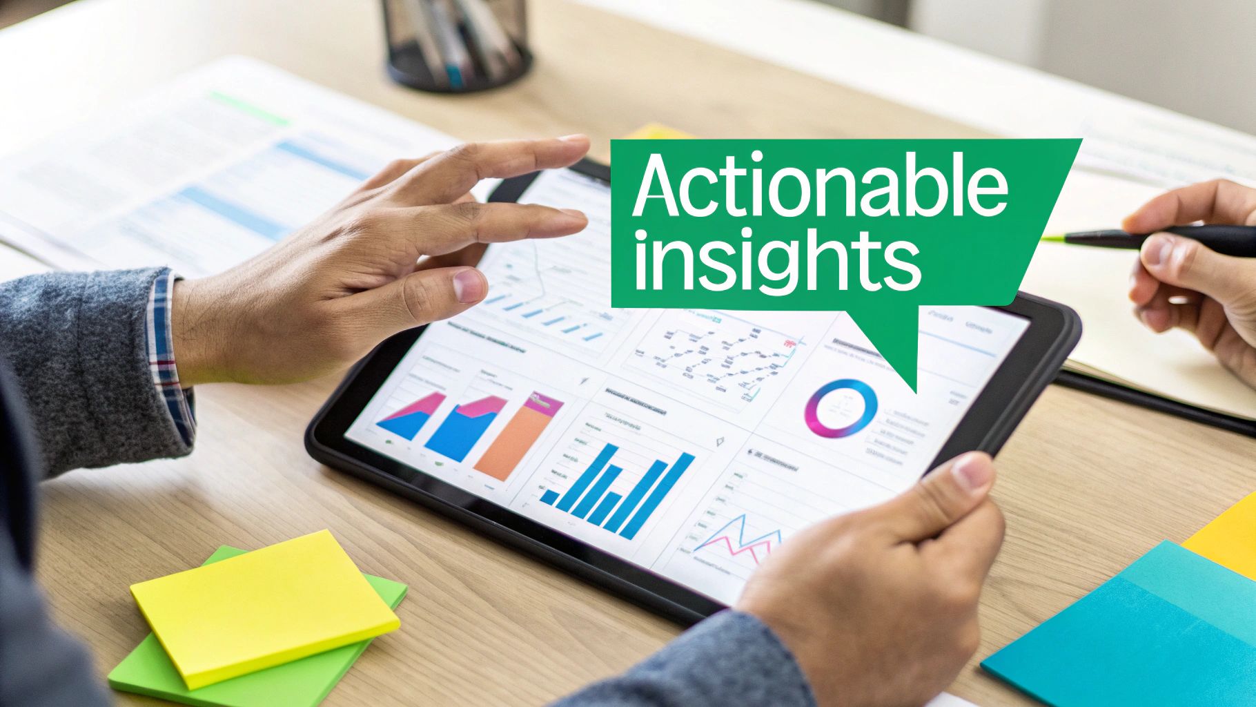 A magnifying glass hovering over a bar chart, symbolizing the process of finding insights within data.