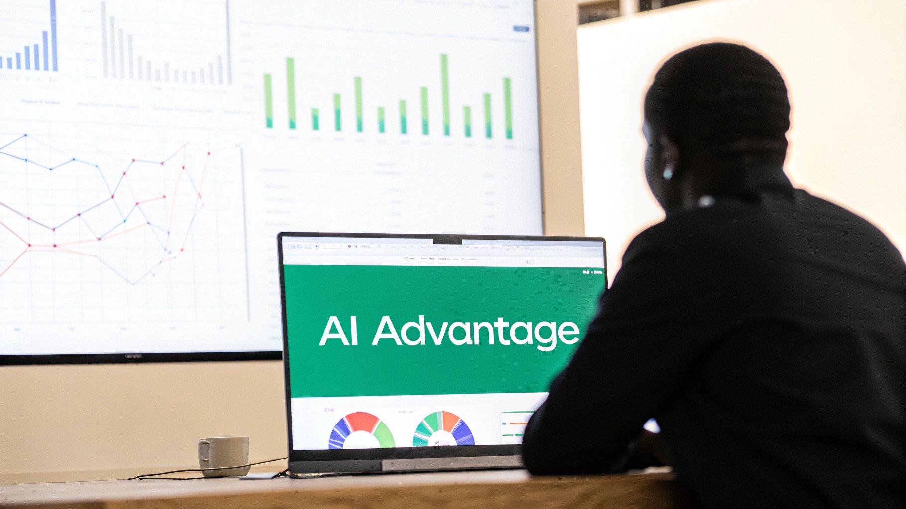 An image showing a robotic hand and a human hand working together on a futuristic digital interface, representing the collaboration between AI and human intelligence in marketing.