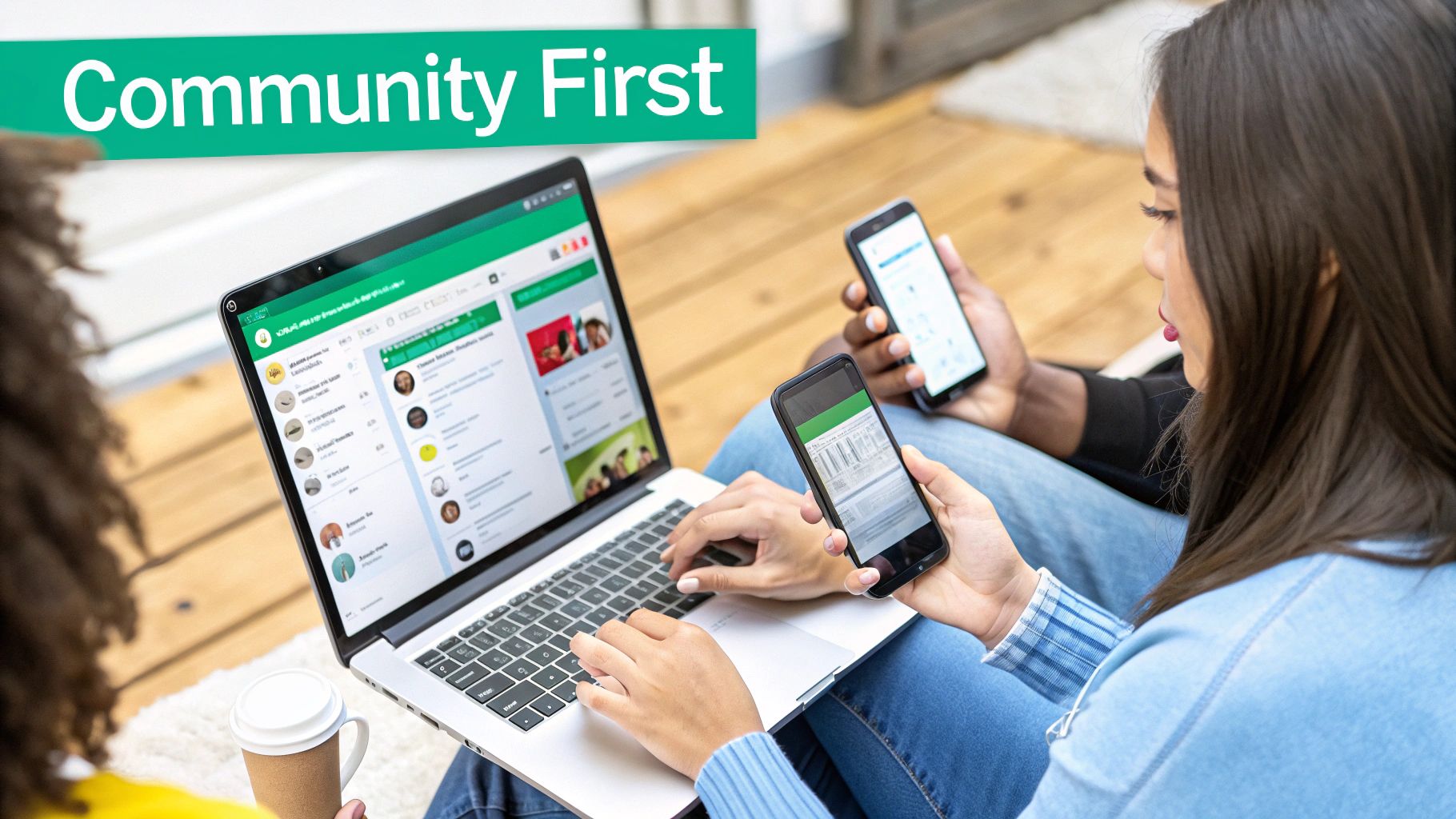 A diverse group of people connecting and talking in a digital space, representing an online community