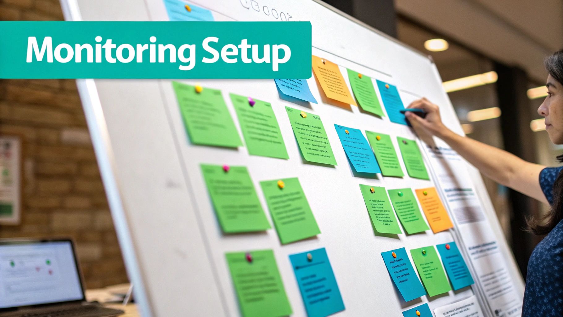 A person at a desk with a checklist, planning their social media monitoring strategy.