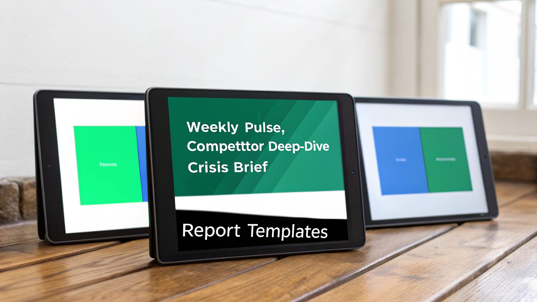 Three different report templates displayed on tablets and laptops, showcasing varied data visualizations.