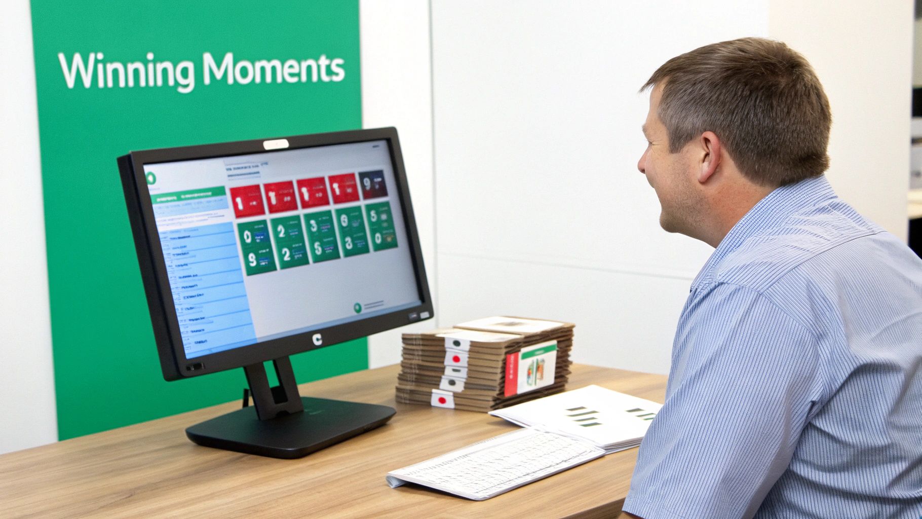 A team collaborating around a computer screen, analyzing conversational intelligence data.
