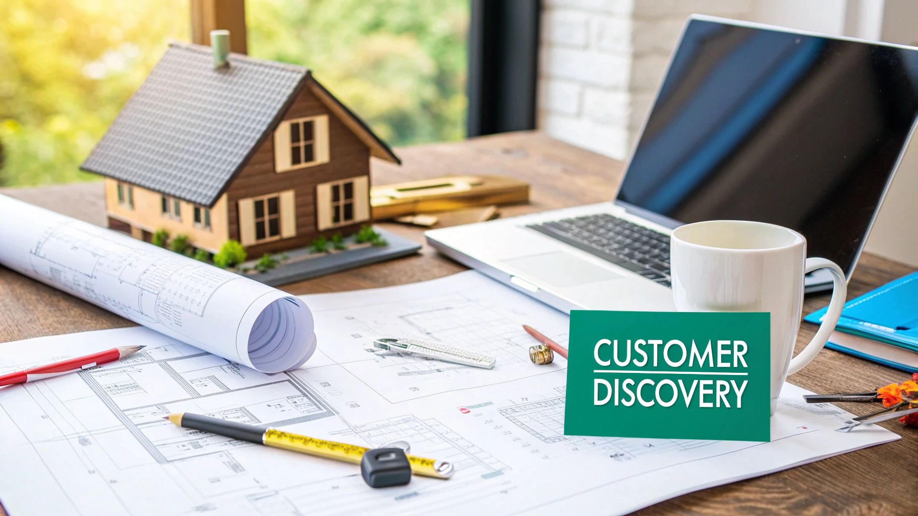 A team collaborating with sticky notes on a glass wall, illustrating the customer discovery process.