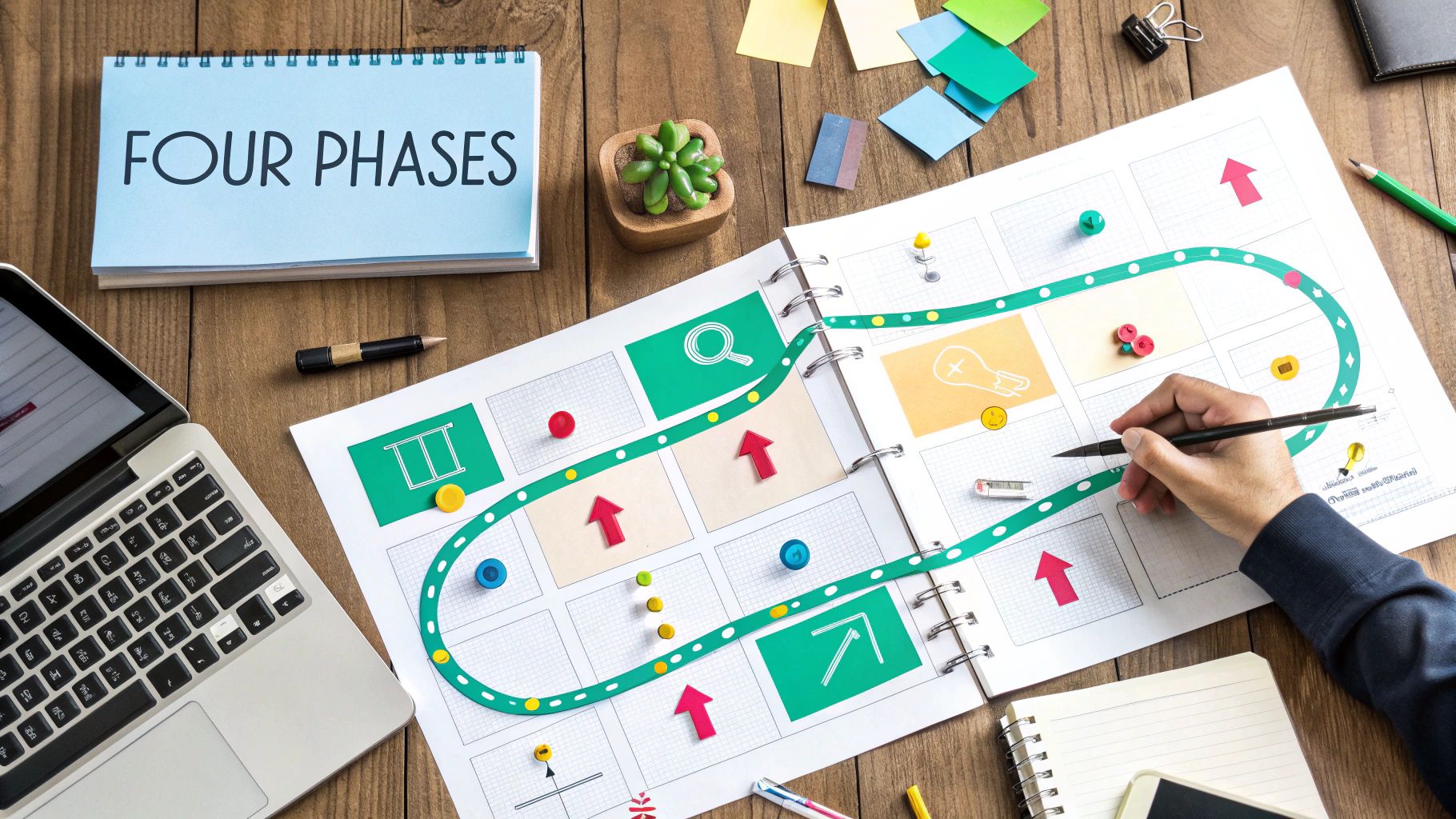 A diagram showing a cyclical process with four distinct phases, representing the customer discovery journey.