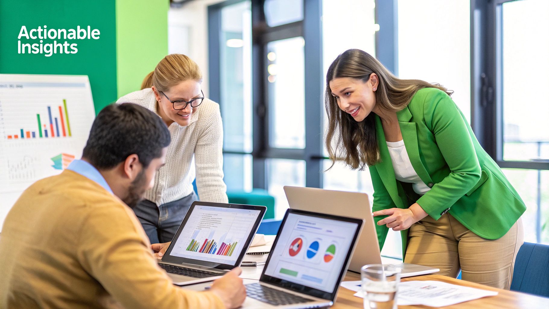 Two colleagues collaborating over a laptop, pointing at data visualizations, putting market intelligence into action.