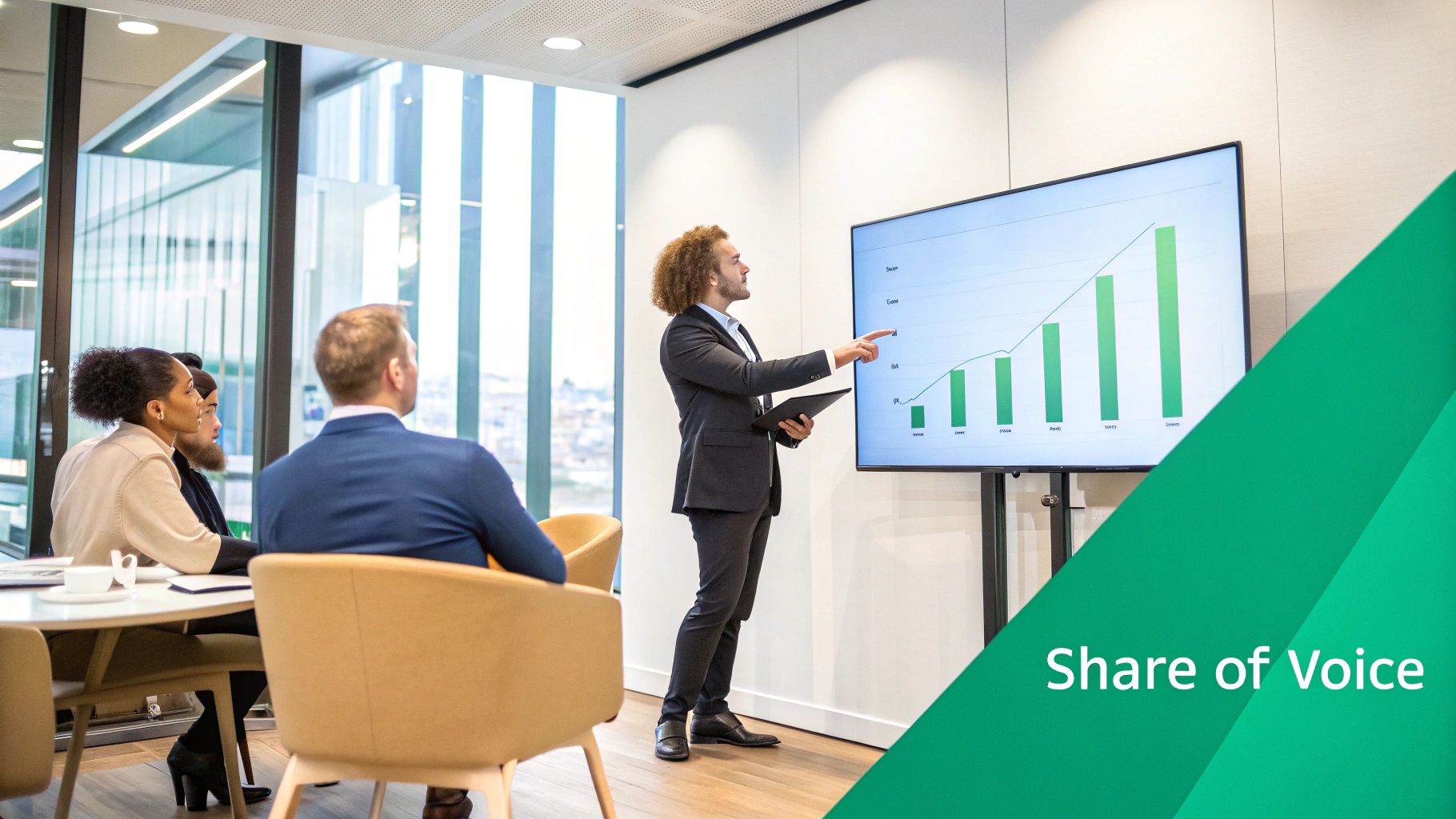 A group of business professionals in a modern office, analyzing charts and data on a large screen, representing the strategic importance of calculating share of voice.