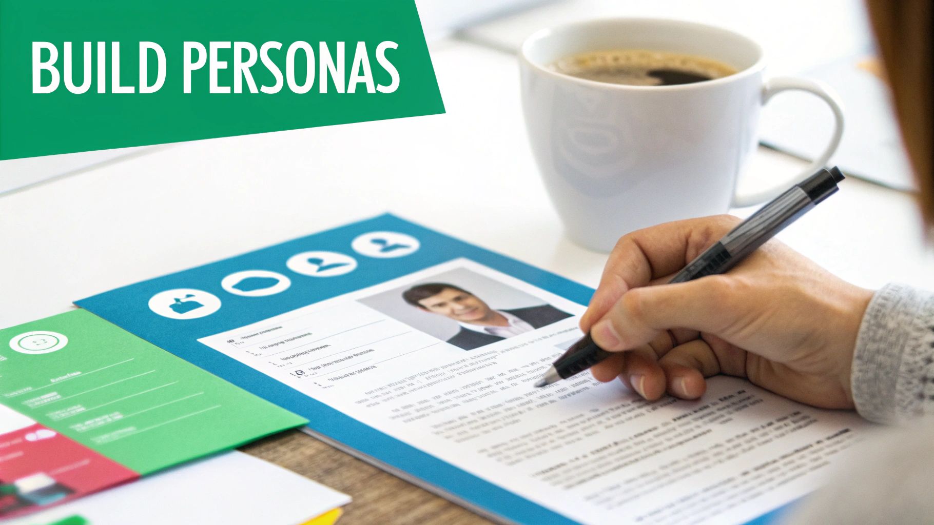 A detailed buyer persona profile being built on a digital whiteboard, with sticky notes and images.