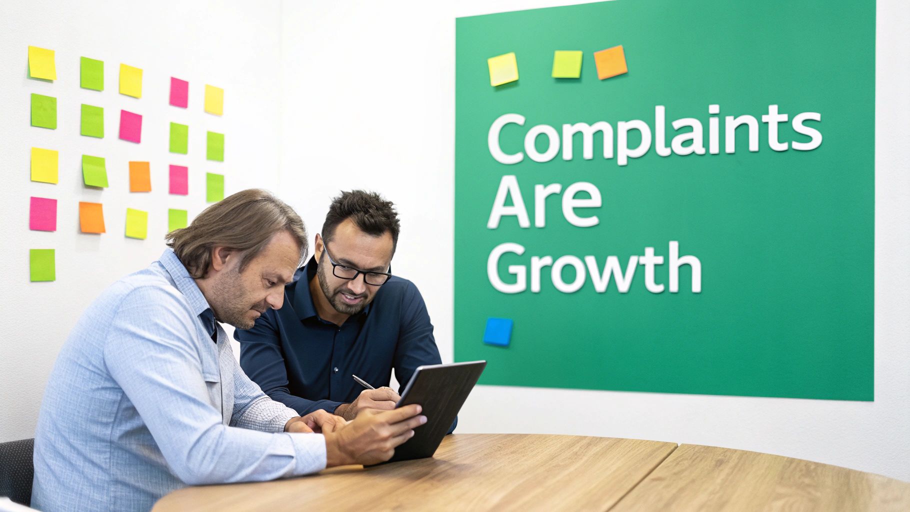 A customer service agent actively listening to a customer's complaint.