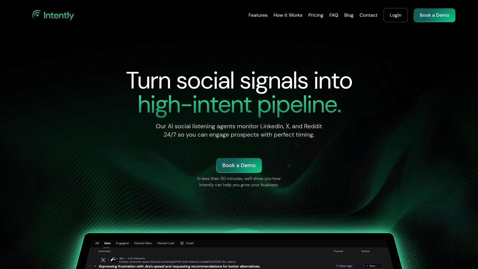Intently's user interface showcasing its lead generation and social listening capabilities