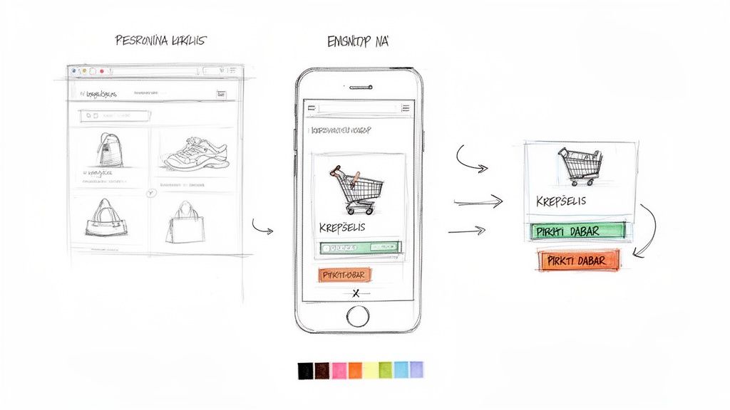 Rankomis pieštas responsyvus el. parduotuvės dizainas, vaizduojantis naršyklės, mobiliojo telefono ir pirkinių krepšelio sąsajas.