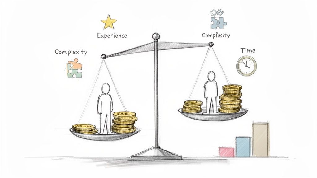 Svėrimo svarstyklės iliustruoja kompleksiškumo, patirties, laiko ir monetų balansą bei santykį.