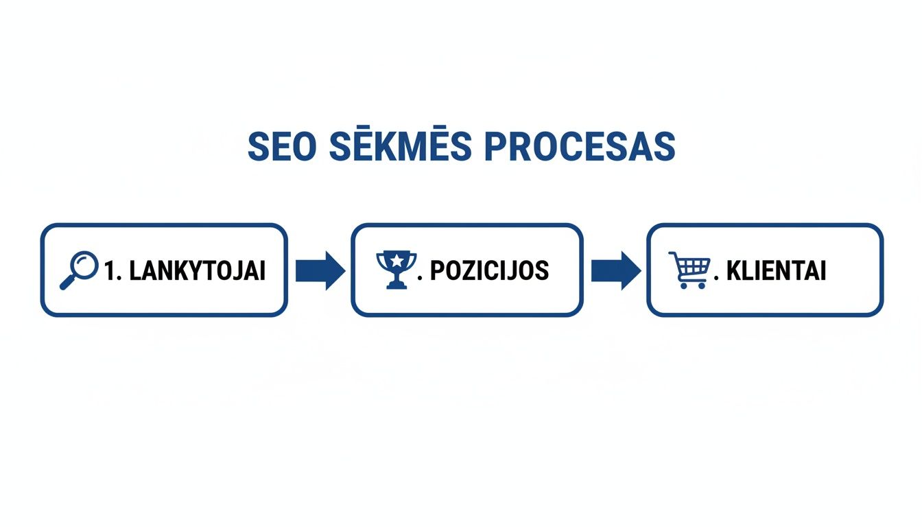 Infografika, vaizduojanti SEO sėkmės procesą: nuo lankytojų pritraukimo per geresnes paieškos pozicijas iki klientų.