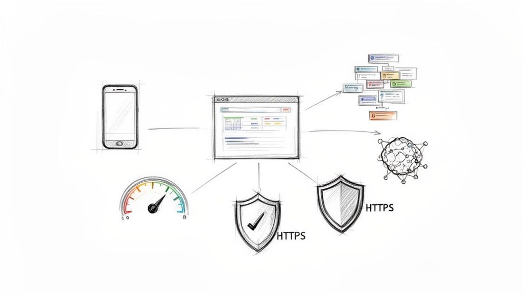 Paveikslėlis, iliustruojantis svetainės veikimą: mobilusis įrenginys, greitis, HTTPS saugumas ir apsauga nuo grėsmių.
