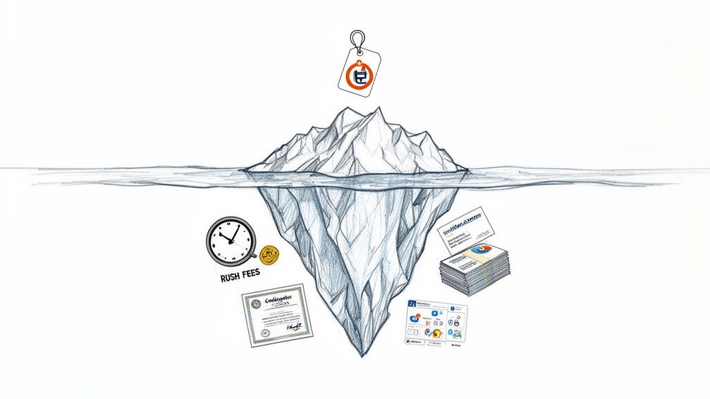 Logotipo kūrimo kainos ledkalnis, atskleidžiantis matomas ir paslėptas išlaidas, tokias kaip skubos mokesčiai ir sertifikavimas.