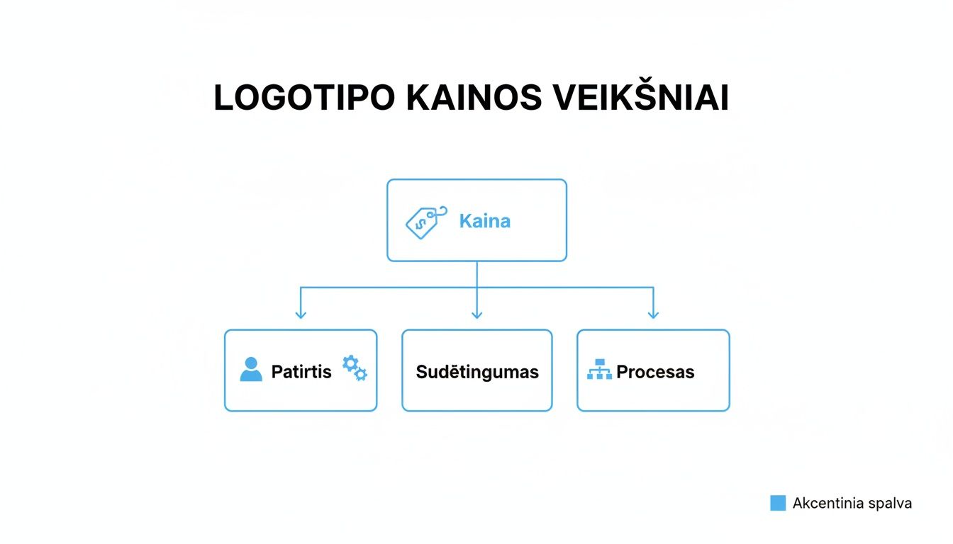 Diagrama, iliustruojanti logotipo kainos veiksnius: patirtį, sudėtingumą ir procesą, su atitinkamomis piktogramomis.