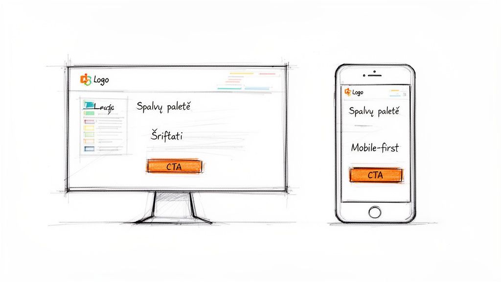 Dizaino eskizas, rodantis tinklalapio sąsają kompiuterio ekrane ir mobiliajame telefone. Matomas logotipas, meniu ir „CTA“ mygtukas.