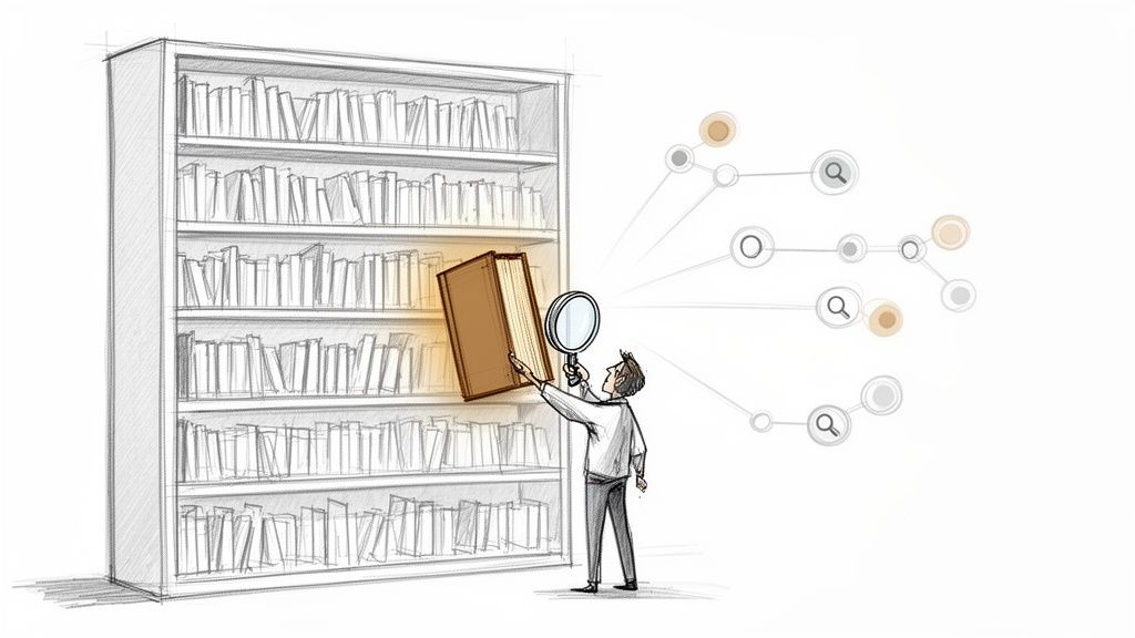 Vyras su didinamuoju stiklu ieško knygos pilnoje knygų lentynoje, rodomos susijusios paieškos piktogramos.