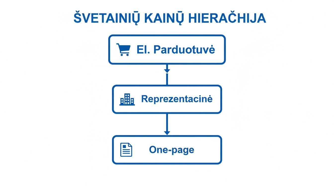 Šiame paveikslėlyje pavaizduota svetainių kainų hierarchija, pradedant elektronine parduotuve, toliau reprezentacinė svetainė, ir baigiant vieno puslapio svetaine.