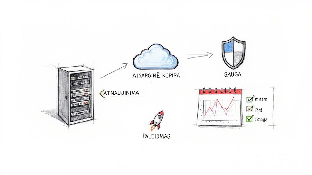 Vaizdas iliustruoja IT sistemų valdymo procesus: serverius, atsargines kopijas debesyje, saugumą, atnaujinimus, paleidimą ir stebėjimą.