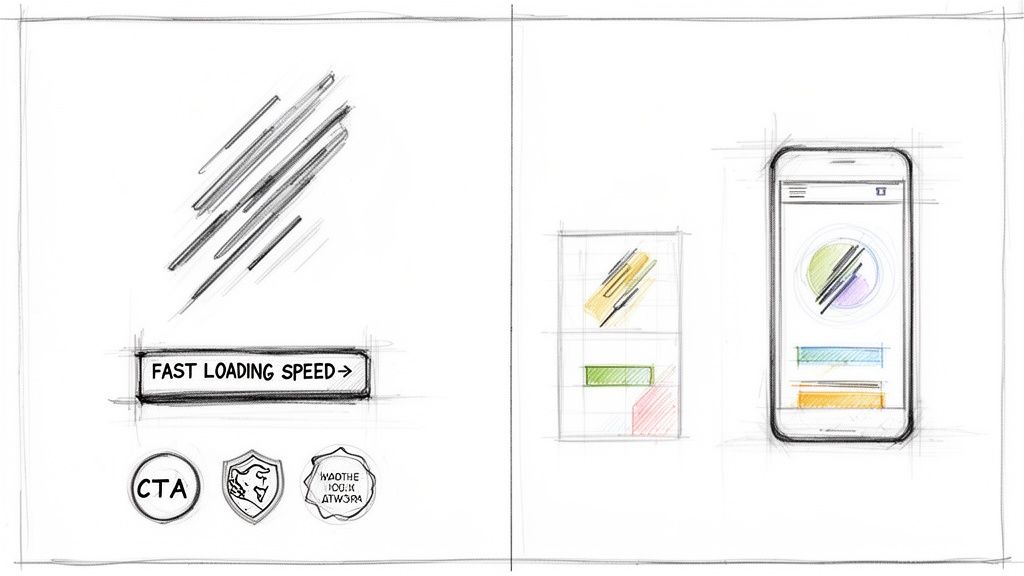 Rankomis piešti eskizai, vaizduojantys mobiliosios programėlės dizainą, greitą įkėlimo greitį ir vartotojo sąsajos elementus.