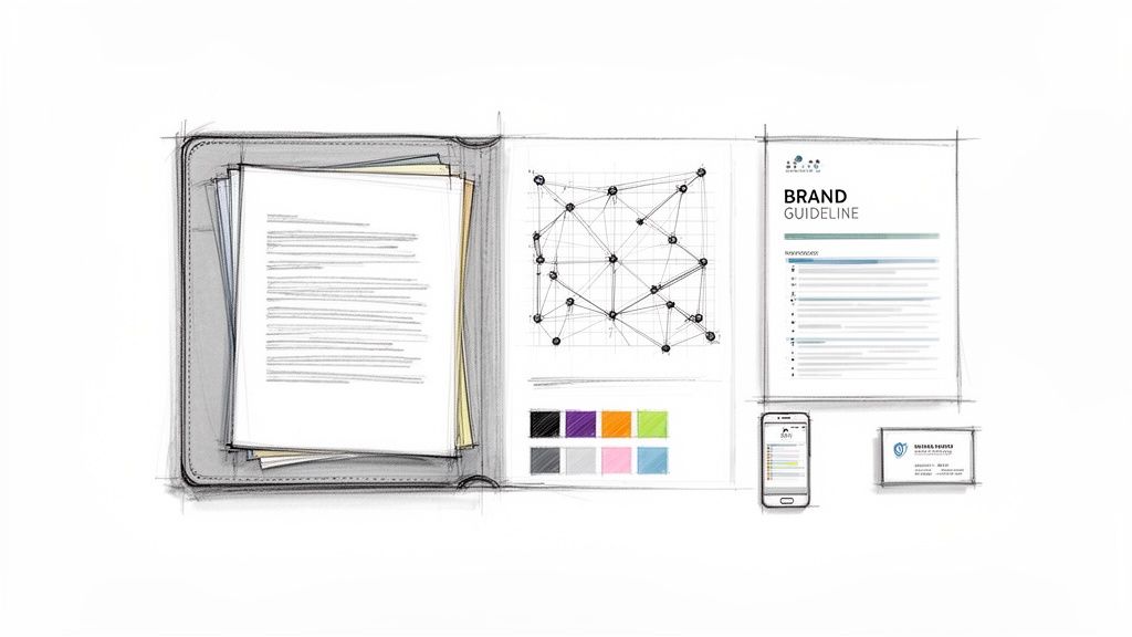 Prekės ženklo kūrimo elementų eskizas, įskaitant gaires, spalvų paletes, dokumentus ir vizitinę kortelę.