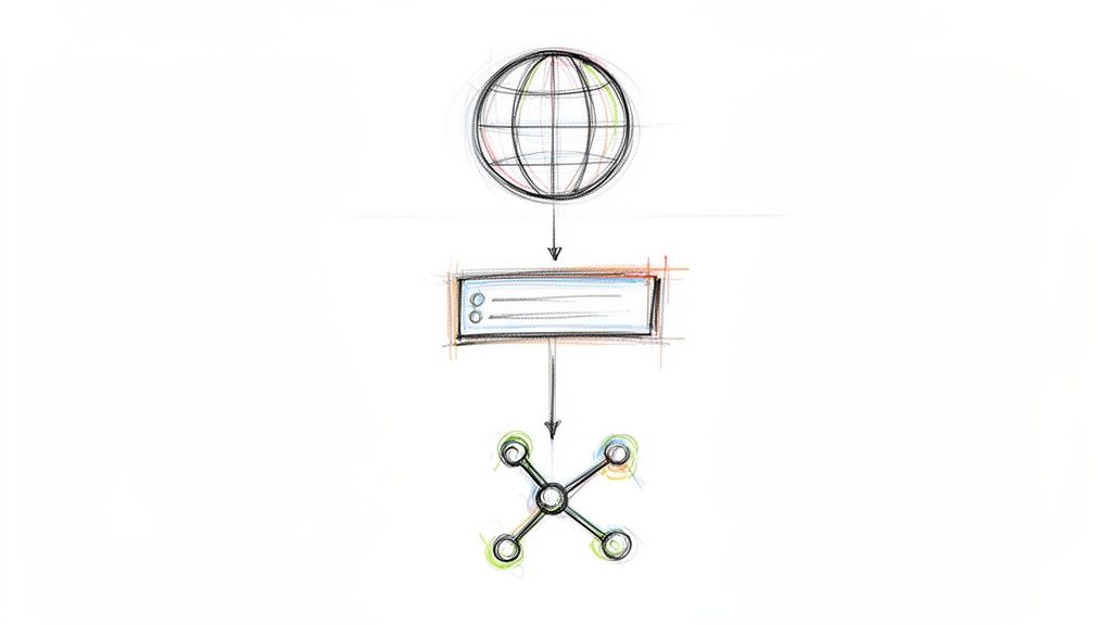 Diagrama, vaizduojanti interneto ryšį su domenu ir tinklo infrastruktūra žemyn nukreiptomis rodyklėmis.