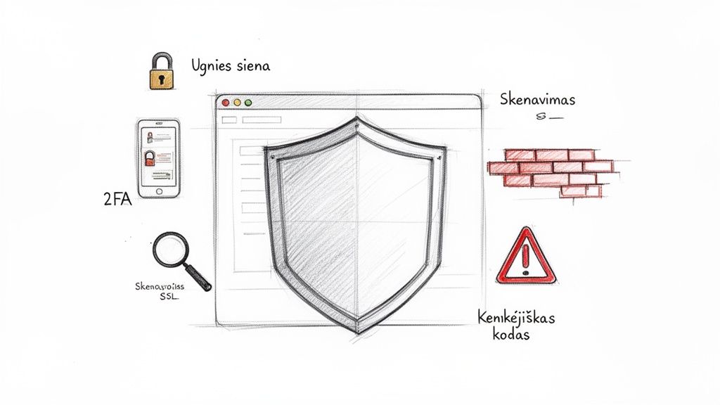 Paveikslėlyje pavaizduotos svetainės saugumo priemonės: ugniasienė, 2FA, SSL skenavimas, apsauga nuo kenkėjiško kodo ir skenavimas.