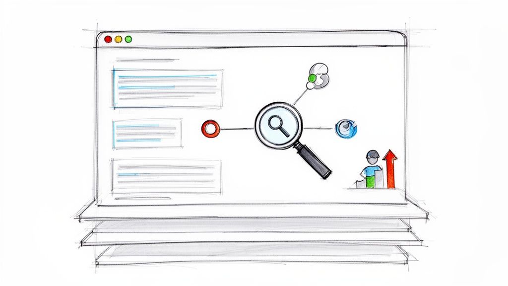 Piešinys su naršyklės langu, rodančiu paieškos didinamąjį stiklą, klausimo ženklą ir augimo statistiką. Vaizduojama vidinė SEO analizė.