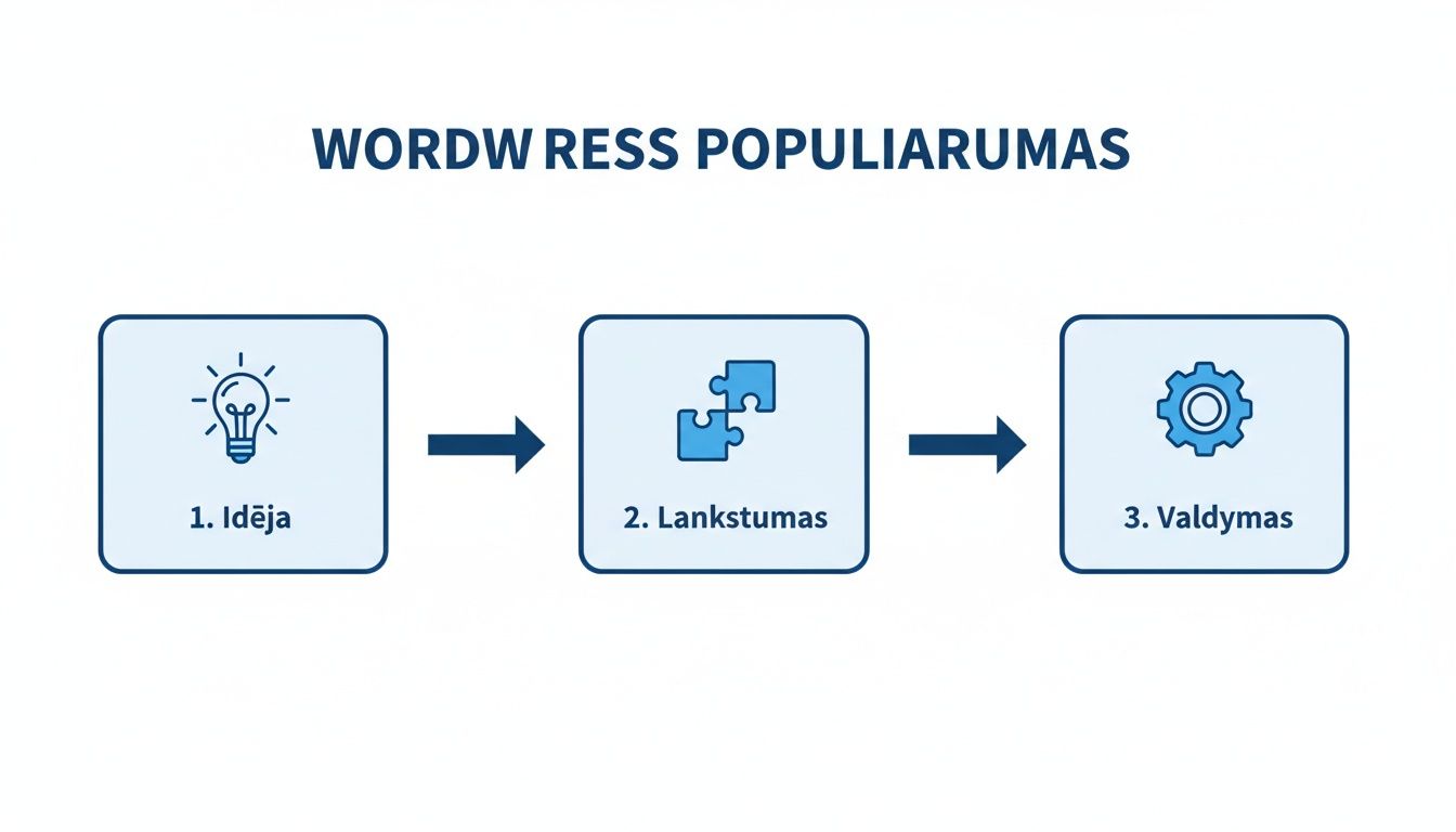 Diagrama, iliustruojanti WordPress populiarumo etapus: nuo idėjos, per lankstumą iki valdymo. Kiekvienas žingsnis pavaizduotas ikona.