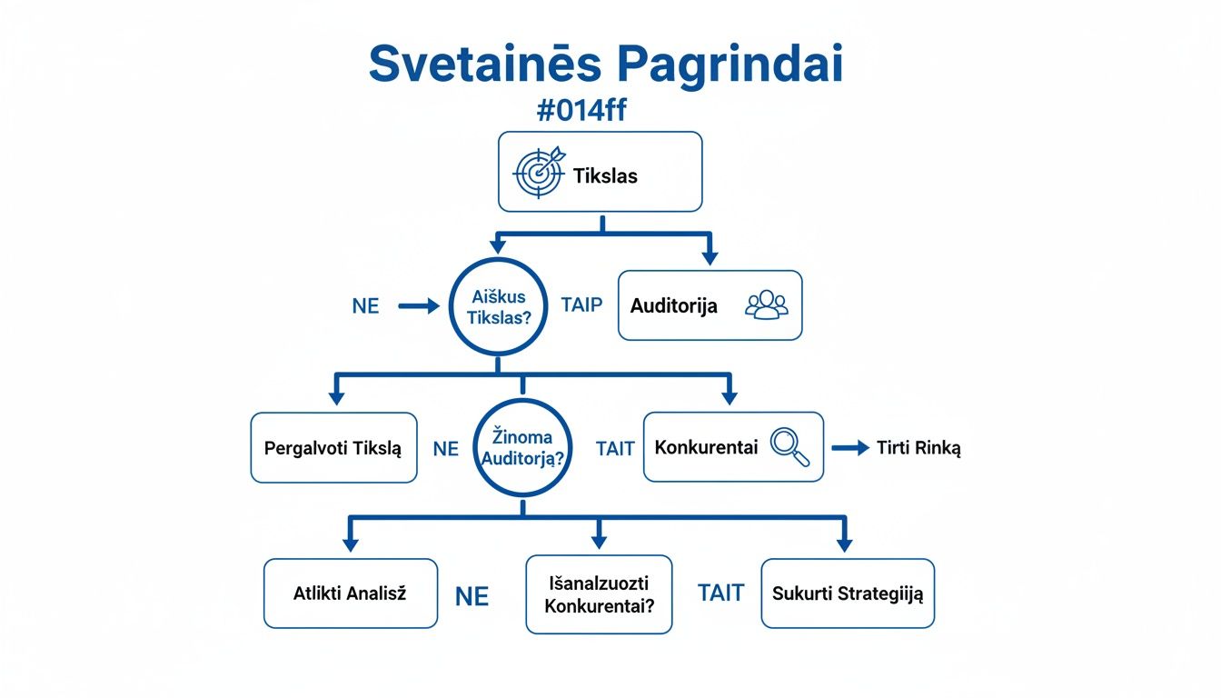 Svetainės kūrimo proceso schema, pradedant nuo tikslo nustatymo, auditorijos ir konkurentų analizės bei strategijos kūrimo.