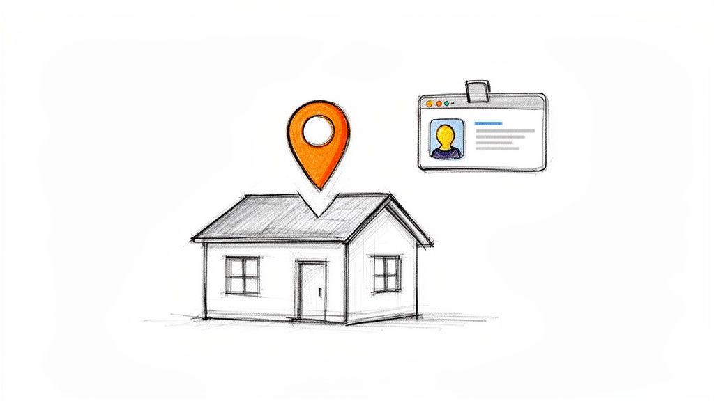 Piešinys, vaizduojantis namą su oranžiniu vietos žymekliu ir tapatybės kortelės piktograma.