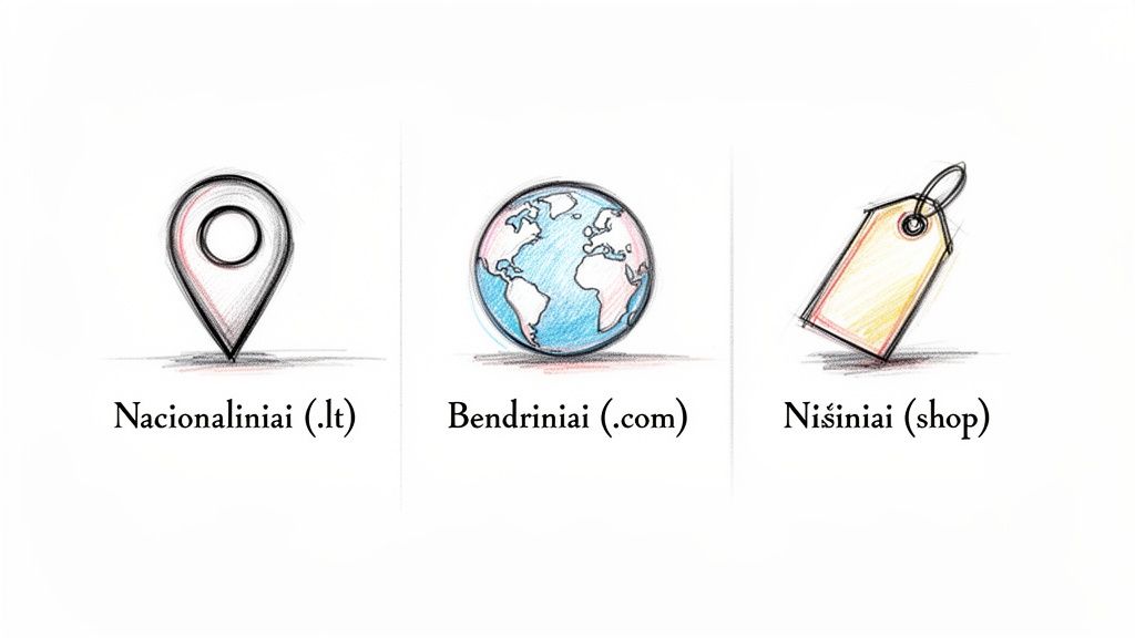 Paveikslėlyje pavaizduoti trys domenų tipai: nacionaliniai (.lt), bendriniai (.com) ir nišiniai (shop).