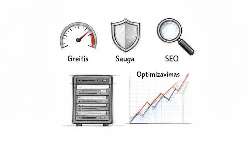 Paveikslėlyje pavaizduotos svetainės greičio, saugumo, SEO, serverio ir optimizavimo ikonos bei grafikai.