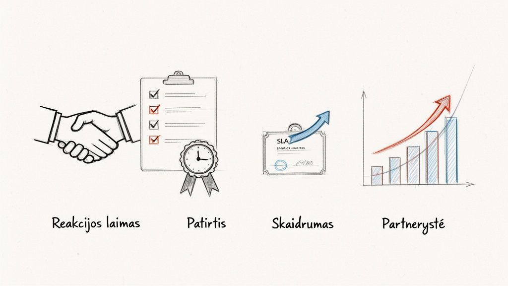Paveikslėlyje pavaizduotas rankos paspaudimas, kontrolinis sąrašas, laikrodis, SLA sertifikatas ir augančios diagramos, simbolizuojančios sėkmę, patirtį, skaidrumą ir partnerystę.