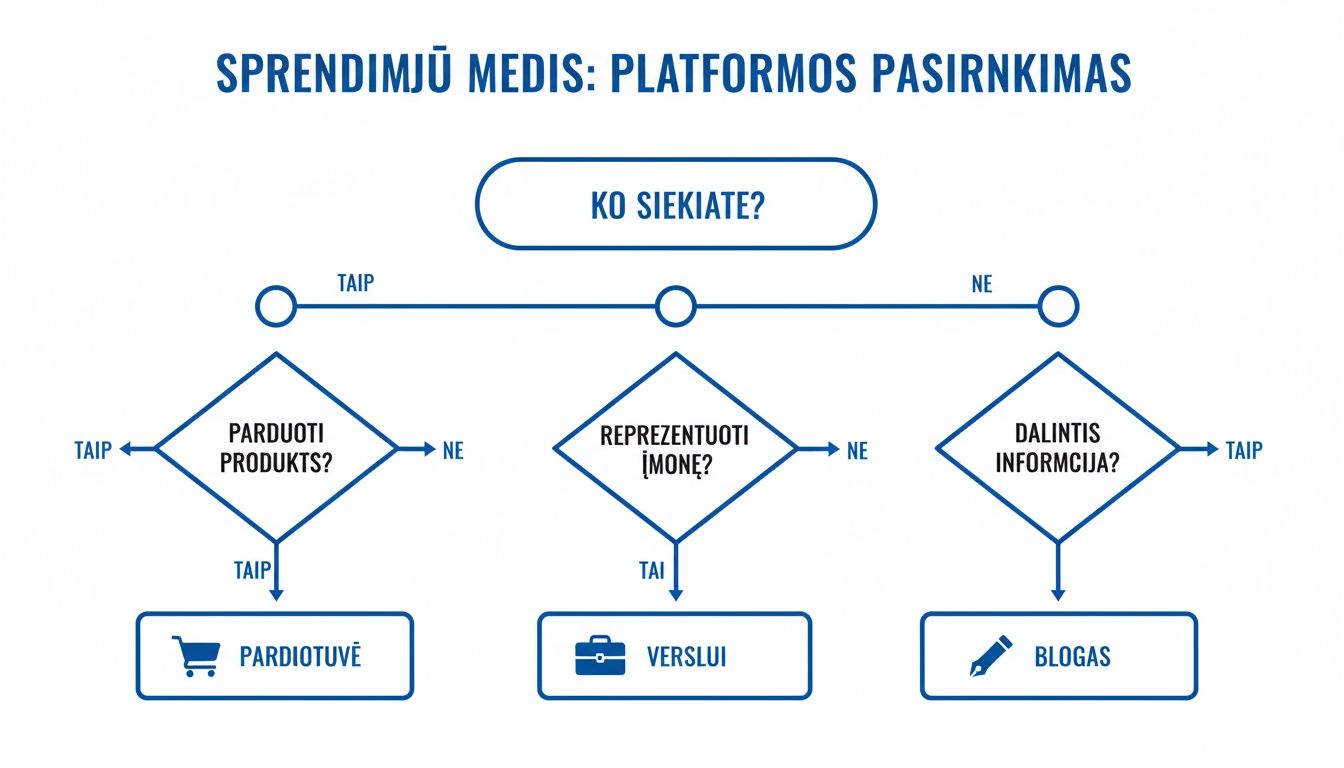 Sprendimų medis, padedantis pasirinkti tinkamiausią interneto platformą pagal jūsų verslo tikslus.