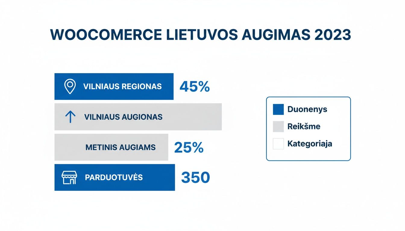 Geriausia pasirinkti: woocommerce ar shopify – kurį pasirinkti dabar? 4 Diagrama, rodanti „Woocommerce Lietuvos augimą 2023“, įskaitant Vilniaus regiono statistiką ir metinį augimą bei parduotuvių skaičių.