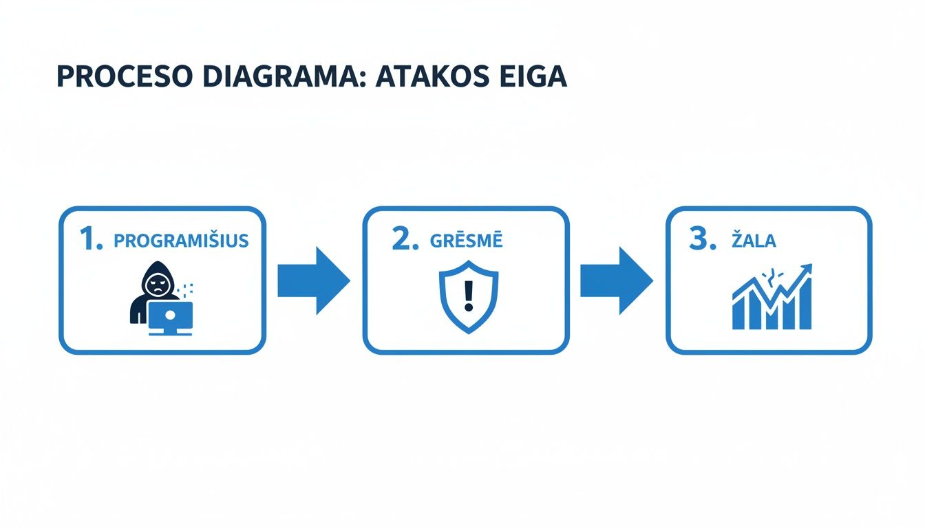 Proceso diagrama, iliustruojanti kibernetinės atakos eigą nuo programišiaus iki grėsmės ir galutinės žalos.