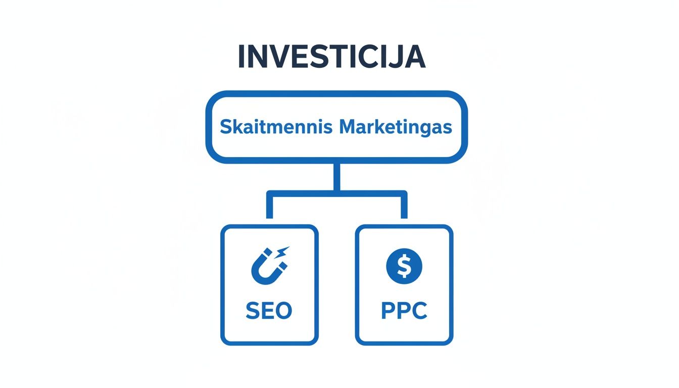 Diagrama, iliustruojanti investicijų į skaitmeninį marketingą suskirstymą, apimantį SEO ir PPC strategijas.