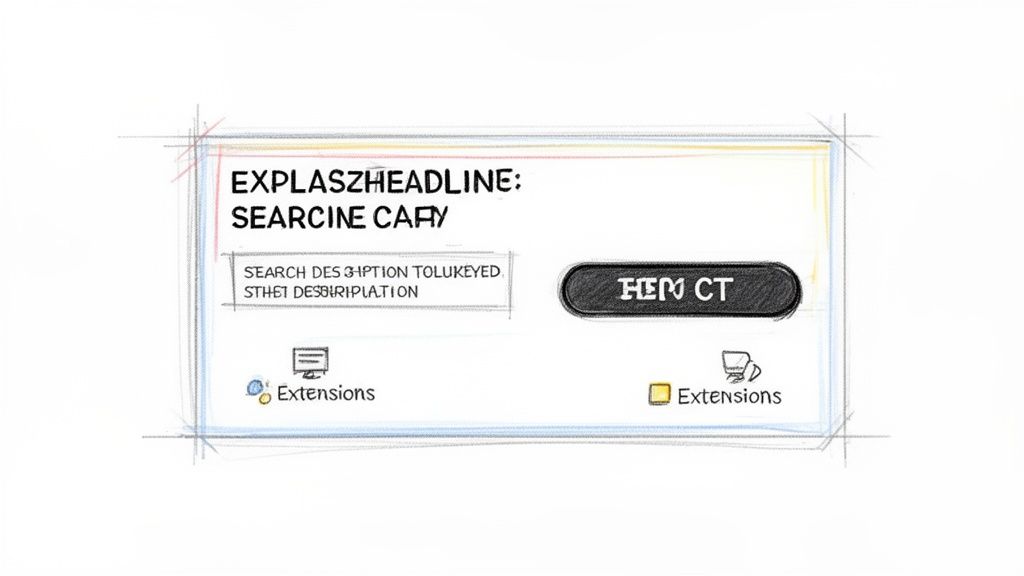 Rankomis pieštas vartotojo sąsajos eskizas su antrašte, paieškos laukeliu ir mygtuku. Jame matomi plėtiniai ir ikonėlės.