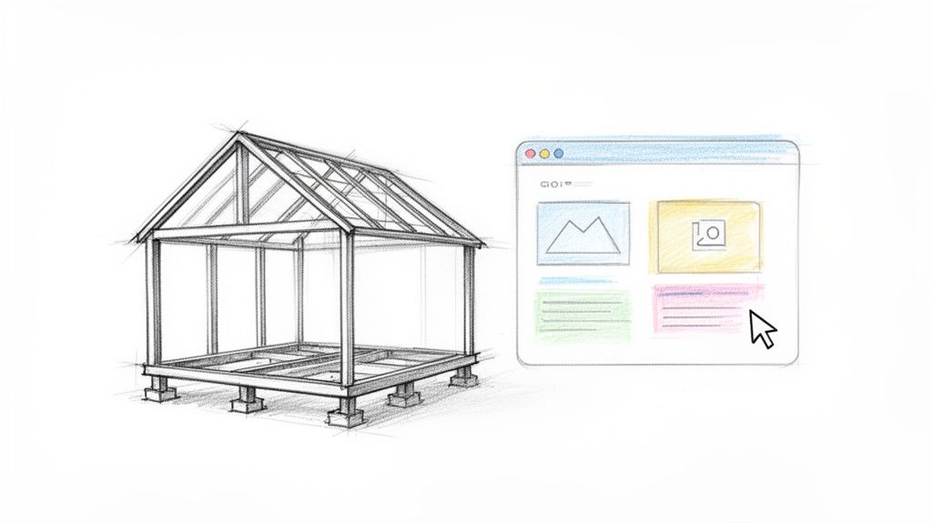 Rankinio piešinio stiliumi pavaizduotas pastato karkasas ir svetainės turinio redagavimo sąsaja.