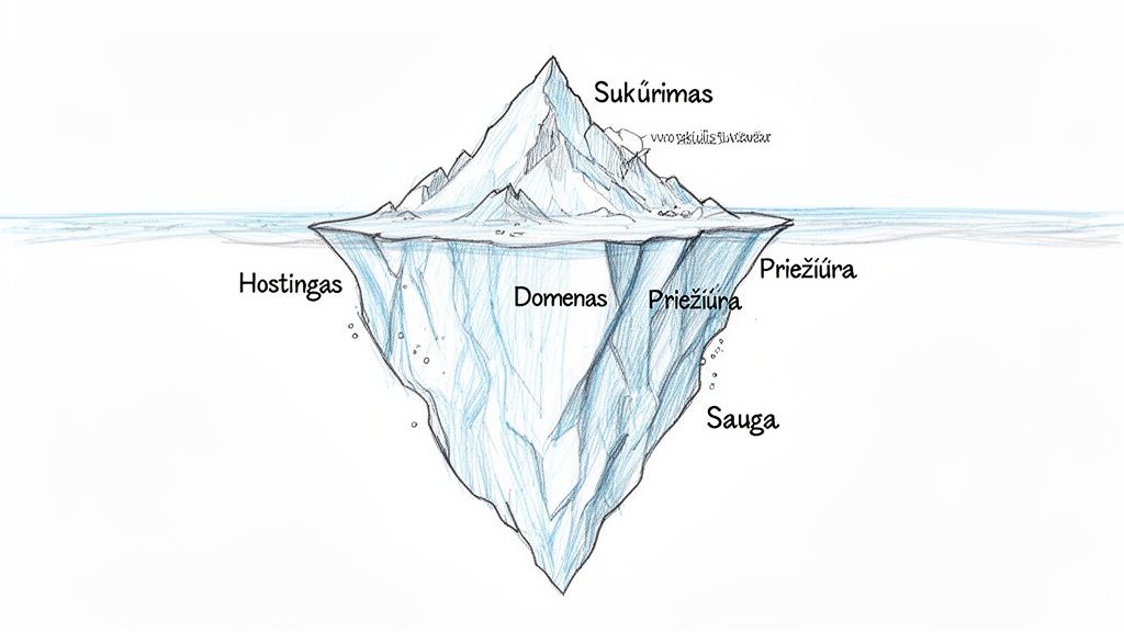 Ledkalnio iliustracija, vaizduojanti interneto svetainės kūrimą, hostingą, domeną, priežiūrą ir saugą.