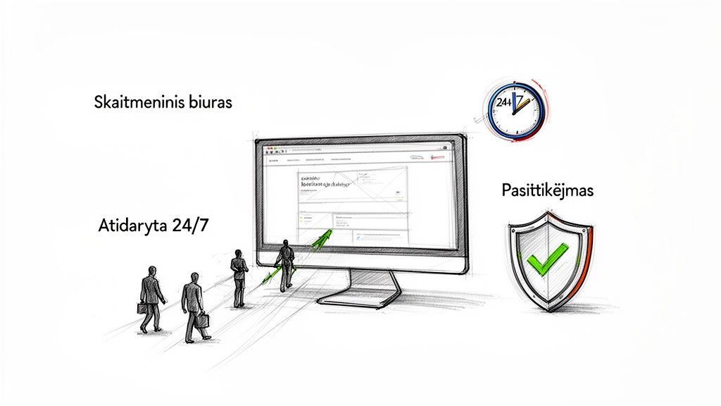 Skaitmeninio biuro koncepcija su internetiniu puslapiu, žmonėmis, 24/7 paslaugų prieinamumu ir pasitikėjimo simboliu.