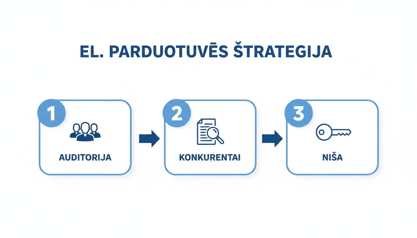 Infografikas, iliustruojantis el. parduotuvės strategijos kūrimo etapus: auditorija, konkurentų analizė ir nišos nustatymas.