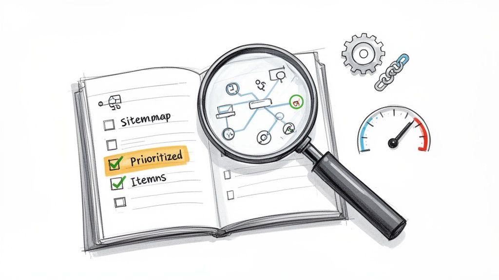 Atversta užrašų knyga su prioritetų sąrašu, didinamasis stiklas virš tinklo diagramos, pavarų ratas, grandinė ir spidometras, simbolizuojantys vidinį SEO.