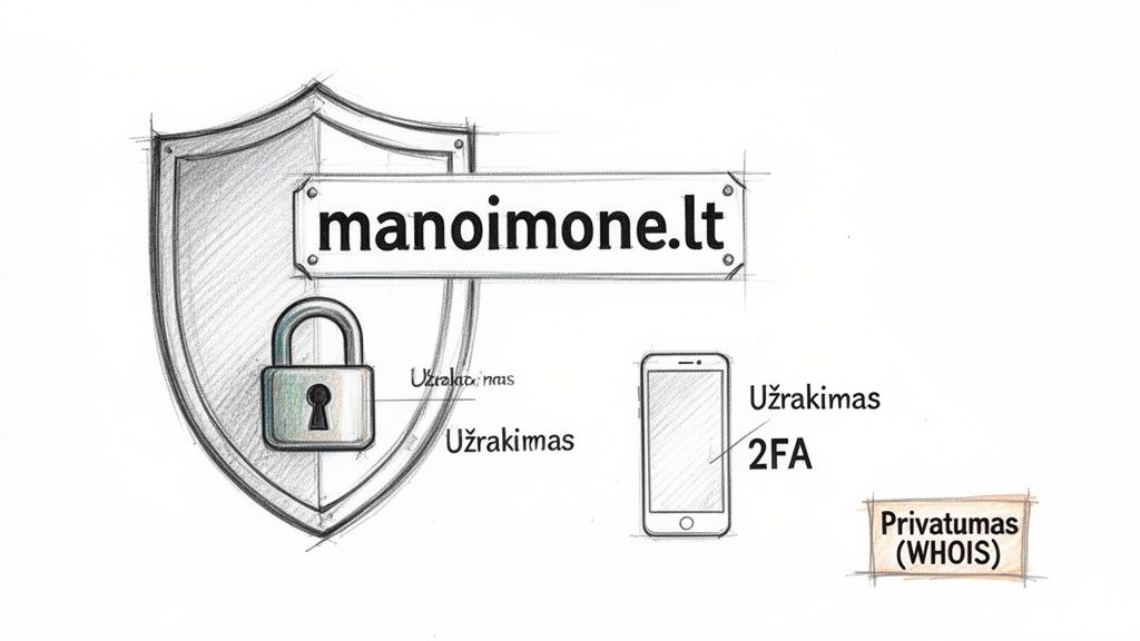 Piešinys, vaizduojantis domeno saugumą ir privatumą su skydu, spyna, išmaniuoju telefonu ir WHOIS informacija.
