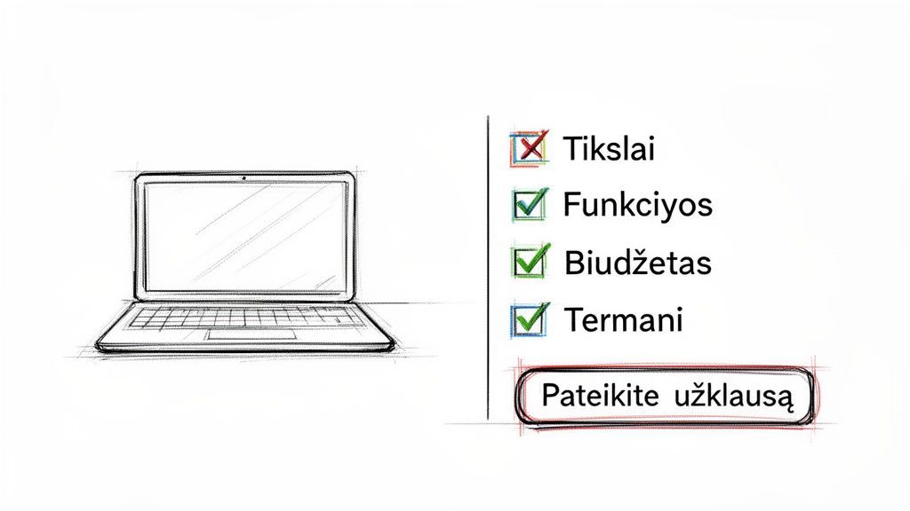 Nešiojamojo kompiuterio eskizas ir kontrolinis sąrašas su tikslais, funkcijomis, biudžetu, terminais bei mygtuku „Pateikite užklausą“.