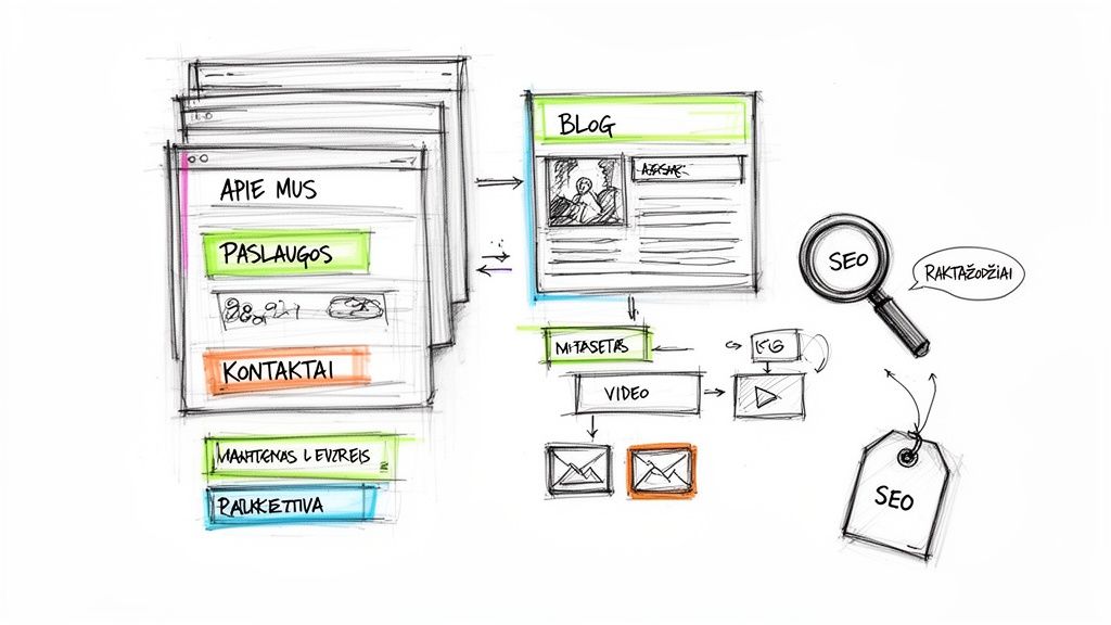 Piešinys, iliustruojantis svetainės struktūrą, tinklaraščio ir vaizdo turinio kūrimą bei SEO optimizavimo svarbą su raktiniais žodžiais.