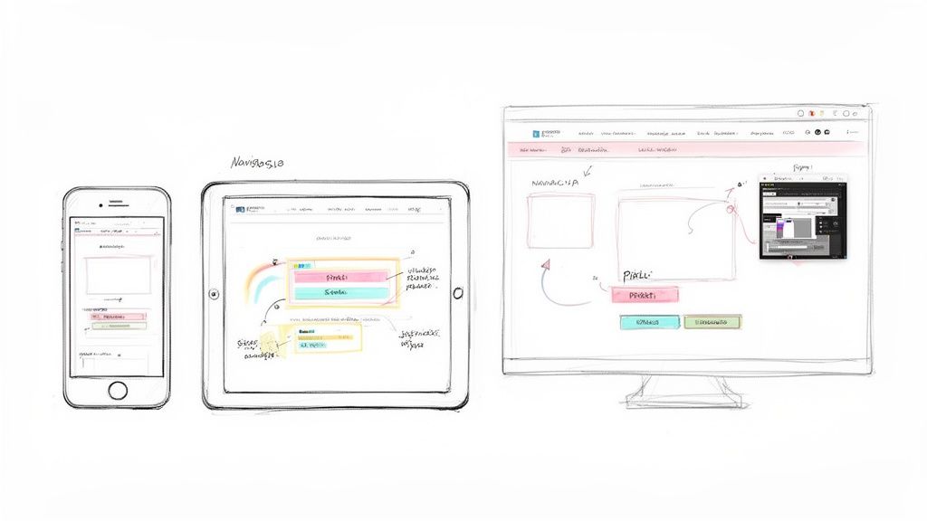 Rankomis piešti vartotojo sąsajos eskizai, skirti telefonui, planšetei ir kompiuterio monitoriui, iliustruojantys tinklapių kūrimo procesą.