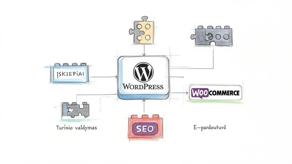Diagrama, rodanti WordPress kaip pagrindinę sistemą, integruojamą su įskiepiais, turinio valdymu, SEO ir el. parduotuve (WooCommerce).